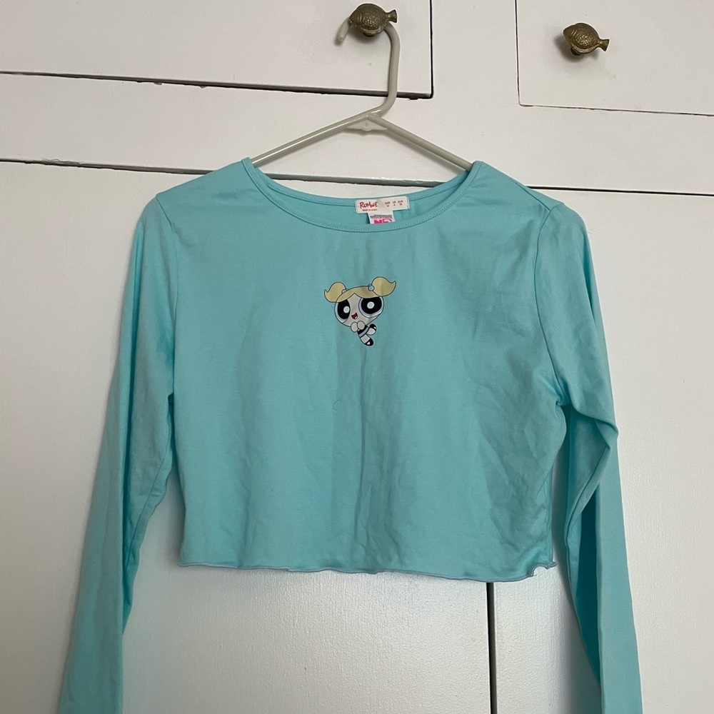 ROMWE x Powerpuff Girls Bubbles Ribbed Long-Sleeve Crop Top — Women Size M